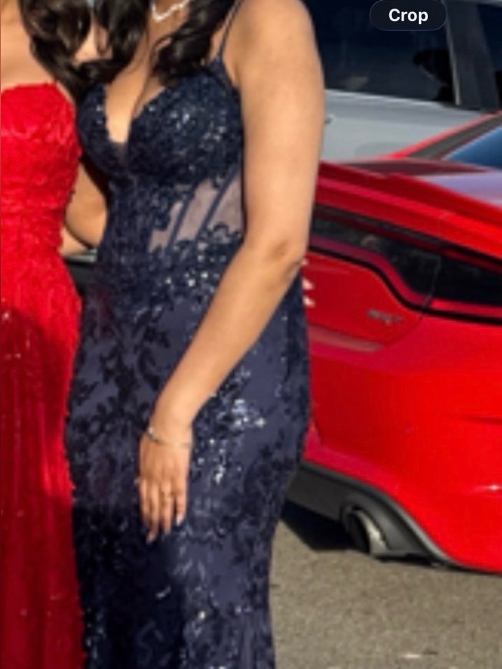 Navy Sequin Lace Prom Gown - Women's Formal Dress